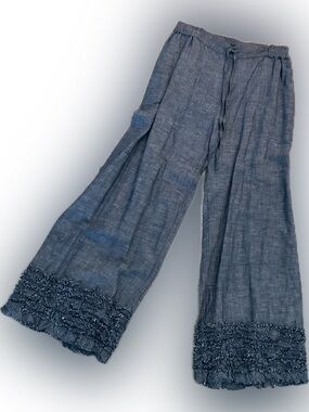 Dark Denim-Look Wide Leg Linen Blend Pants with Ruffled Hem